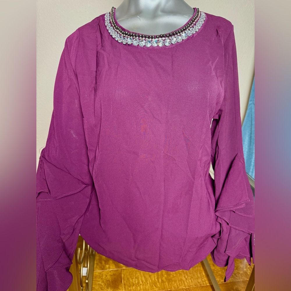 Meraki Purple Blouse with Embellished Neckline